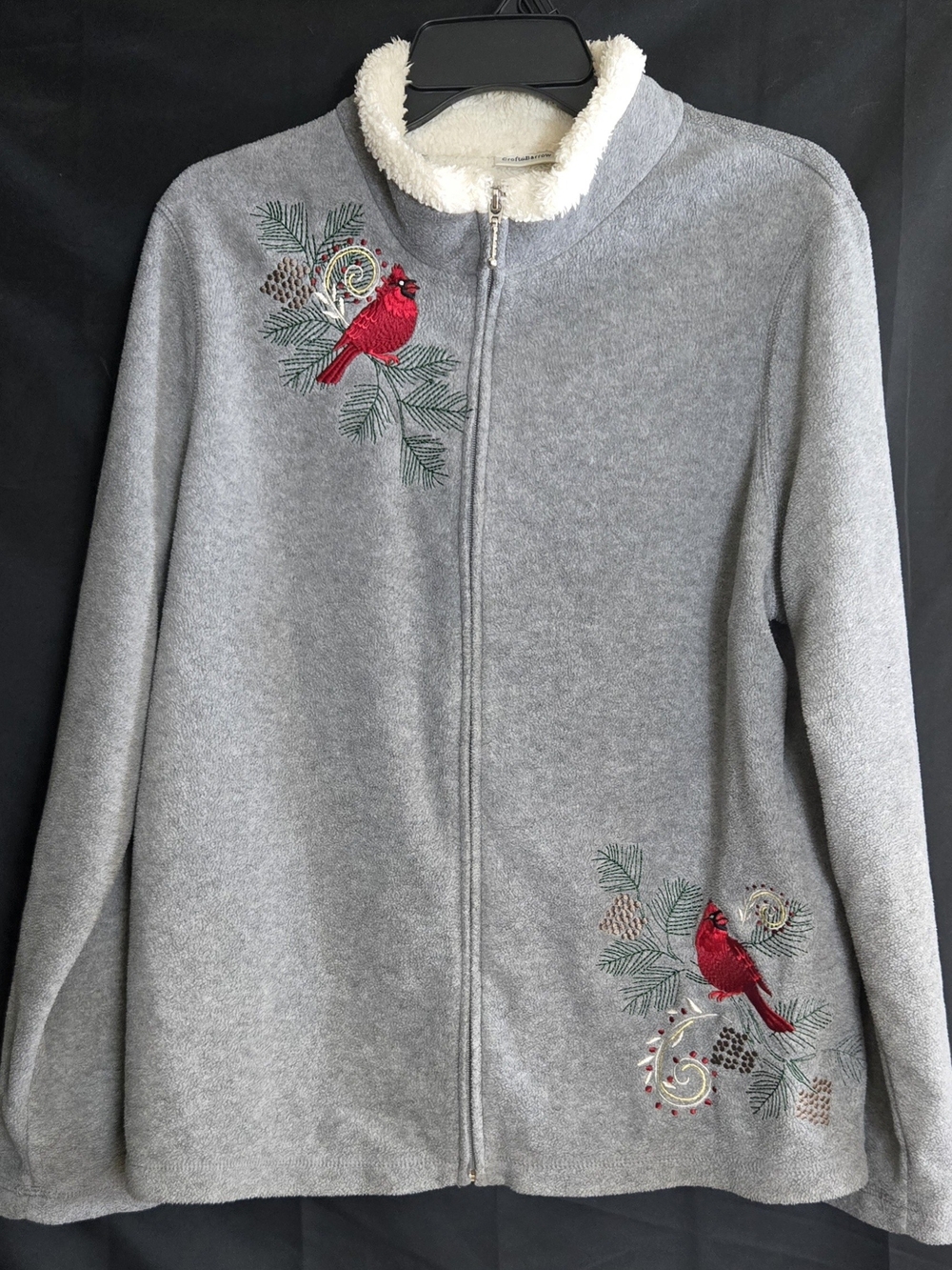 Croft & Barrow Cozy Gray Zip-Front Sweater with Red Cardinal Embroidery #596